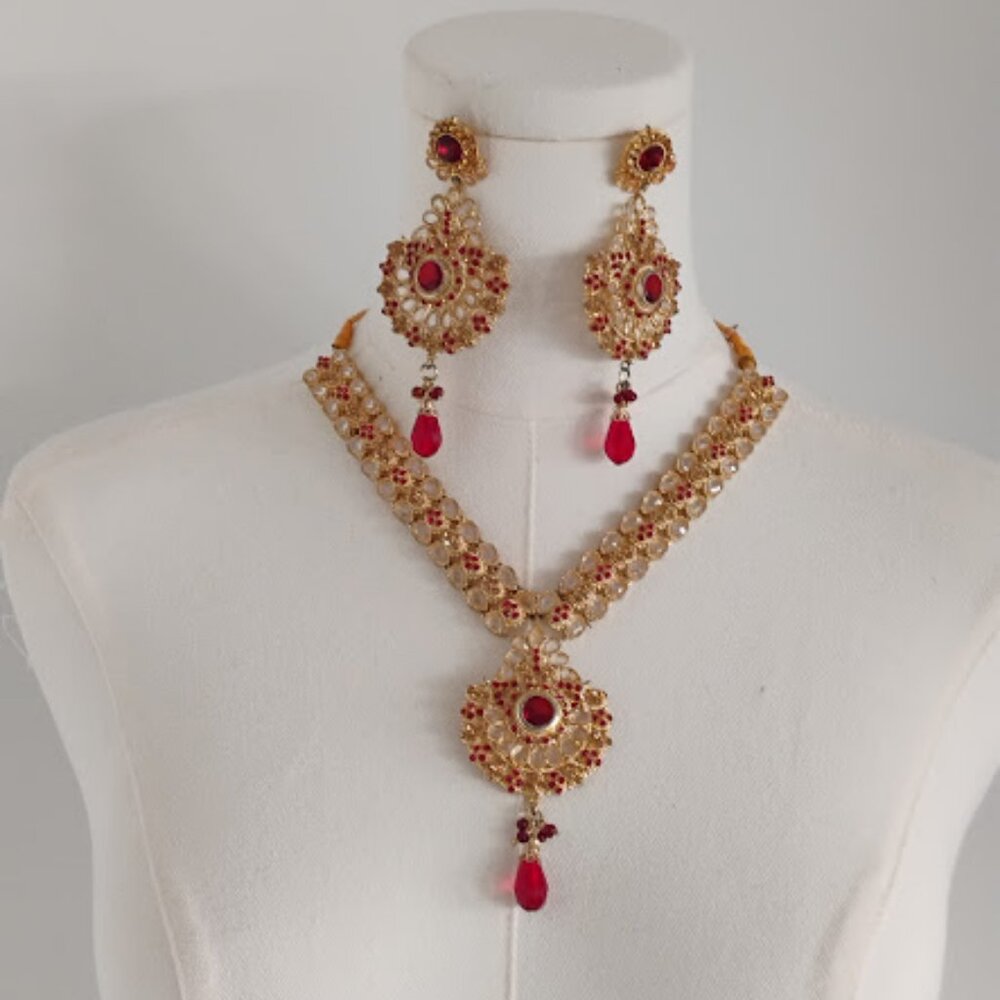 Gold-tone With Clear & Red Stones Costume Indian Wedding Necklace